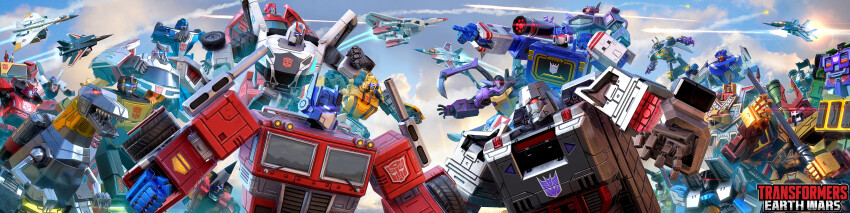 absurdres air_raid_(transformers) aircraft airplane autobot battle blaster_(transformers) bludgeon_(transformers) blue_eyes brawl_(transformers) breakdown_(transformers) bumblebee_(transformers) cliffjumper cloud decepticon dinosaur emblem fighter_jet firing flying grimlock hasbro highres ironhide jetfire kickback_(transformers) logo long_image machinery mecha megatron military_vehicle mirage_(transformers) no_humans non-humanoid_robot official_art open_mouth optimus_prime prowl_(transformers) ratchet_(transformers) razorclaw_(transformers) red_eyes robot robot_animal science_fiction sharp_teeth shockwave_(transformers) shrapnel_(transformers) silverbolt skydive_(transformers) skywarp soundwave_(transformers) starscream swindle_(transformers) teeth thundercracker transformers transformers:_earth_wars tyrannosaurus_rex wheeljack wide_image windshield windshield_wiper