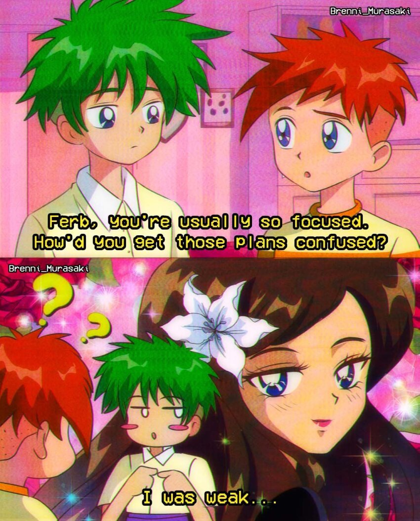 1990s_(style) 1girl 2boys animification blue_eyes brenni_murasaki child clip_studio_paint_(medium) ferb_fletcher green_hair highres long_hair looking_at_viewer male_focus multiple_boys open_mouth phineas_and_ferb phineas_flynn red_hair retro_artstyle scene_reference shirt short_hair smile step-siblings striped_clothes vanessa_doofenshmirtz