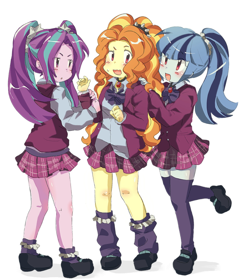 3girls :d :o adagio_dazzle adagio_dazzle_(human) alternate_costume ankle_socks aqua_hair aria_blaze aria_blaze_(human) behind_another black_choker black_hairband black_shoes blonde_hair blue_hair blunt_ends blush bow bowtie choker collared_shirt colored_skin crystal_prep_academy_school_uniform curly_hair dbzrz fang frilled_socks frills gem grey_shirt grey_skin hair_ornament hair_scrunchie hairband hand_on_another&#039;s_shoulder hands_on_another&#039;s_arm high_ponytail highres jacket kneehighs loafers long_hair looking_at_another miniskirt multicolored_hair multiple_girls my_little_pony my_little_pony:_equestria_girls my_little_pony:_friendship_is_magic open_mouth orange_hair parted_bangs pendant_choker pink_skin plaid_clothes plaid_skirt pleated_skirt ponytail purple_bow purple_bowtie purple_hair purple_jacket purple_skirt purple_socks purple_sweater_vest purple_thighhighs red_eyes red_gemstone retro_artstyle school_uniform scrunchie shirt shoes simple_background skin_fang skirt smile socks sonata_dusk sonata_dusk_(human) spiked_hairband spikes standing standing_on_one_leg star_(symbol) star_hair_ornament straight_hair streaked_hair sweatdrop sweater_vest thighhighs twintails two-tone_hair v-bangs very_long_hair white_background white_scrunchie yellow_skin zettai_ryouiki