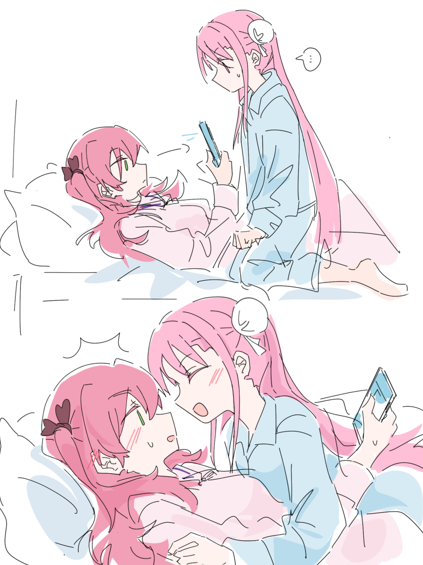 2girls aikawa_megumi blush double_bun face-to-face green_eyes hair_bun heaven_burns_red highres kunimi_tama long_hair long_sleeves multiple_girls pajamas pink_eyes pink_hair rantan_0925 shirt two_side_up