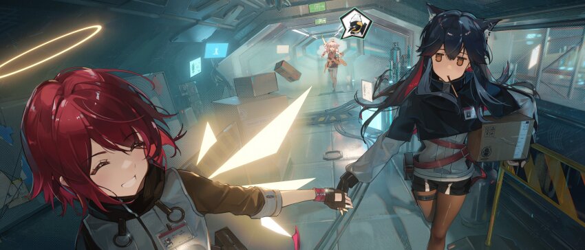 3girls ^_^ absurdres animal arknights arm_up beanie bird black_capelet black_gloves black_hair black_shorts blue_gloves box brown_cardigan brown_eyes brown_pantyhose capelet cardboard_box cardigan cardigan_around_waist carrying carrying_under_arm character_request closed_eyes closed_mouth clothes_around_waist commentary_request detached_wings exusiai_(arknights) eyes_visible_through_hair fingerless_gloves food_in_mouth gloves glowing glowing_wings grey_hair grin hair_over_one_eye halo hat highres holding_hands indoors jacket jitome pantyhose_under_shorts long_hair may_(arknights) mouth_hold multicolored_hair multiple_girls official_art pantyhose penguin red_hair shirt short_shorts shorts smile sunglasses sweater_vest texas_(arknights) emperor_(arknights) toto_(caaaaarrot) two-tone_hair very_long_hair white_headwear white_jacket white_shirt window wings