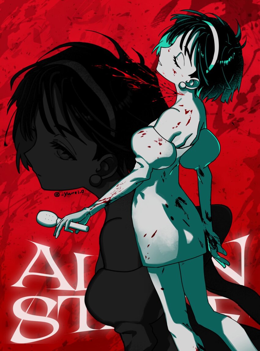 1girl alien_stage blood blood_from_neck blood_on_clothes blood_spray bob_cut closed_eyes commentary copyright_name dress earrings english_commentary english_text hairband highres holding holding_microphone jewelry juliet_sleeves long_sleeves microphone off-shoulder_dress off_shoulder puffy_sleeves red_background short_hair sphere_earrings sua_(alien_stage) yuurei_(0530sinsatona)