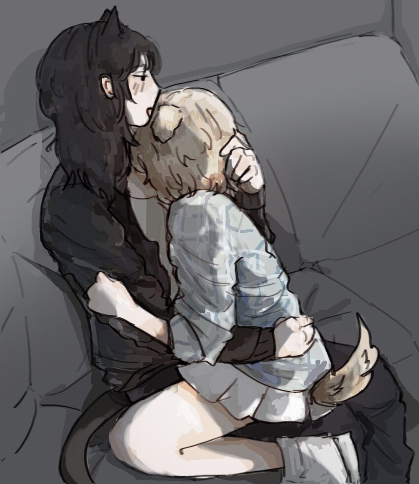 2girls aespa animal_ears black_hair black_shirt blonde_hair blue_shirt cat_ears cat_girl cat_tail commentary couch cuddling delusional965 dog_ears dog_girl dog_tail hand_in_another&#039;s_hair hand_on_another&#039;s_arm hand_on_another&#039;s_waist highres indoors k-pop karina_(aespa) kemonomimi_mode long_hair multiple_girls on_couch pleated_skirt real_life shirt shoes short_hair skirt sneakers tail white_footwear white_skirt winter_(aespa) yuri