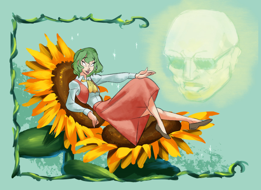 1boy 1girl absurdres ascot breasts collared_shirt commentary_request cookie_(touhou) flower full_body green_hair hentai_kuso_oyaji highres kazami_yuuka long_skirt long_sleeves manatsu_no_yo_no_inmu medium_breasts parted_lips red_skirt red_vest redqueen_(cookie) shirt shitsumin short_hair skirt skirt_set smile sunflower sunglasses touhou vest white_eyes white_shirt yellow_ascot yellow_flower