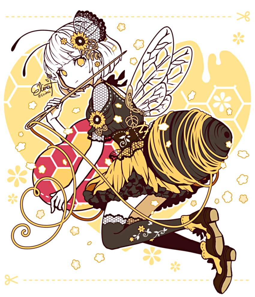 1girl antennae bee_costume black_dress black_thighhighs closed_mouth commentary_request dress dress_under_skirt elina_(e2n04n) flower frilled_dress frills from_side hair_flower hair_ornament highres holding_sewing_needle honeycomb_(pattern) honeycomb_print insect_wings looking_at_viewer looking_to_the_side needle original over-kneehighs oversized_object partially_colored puffy_short_sleeves puffy_sleeves see-through_clothes sewing_needle short_hair short_sleeves signature skirt solo thighhighs thread transparent_wings twitter_username wings yellow_eyes yellow_flower yellow_skirt zettai_ryouiki