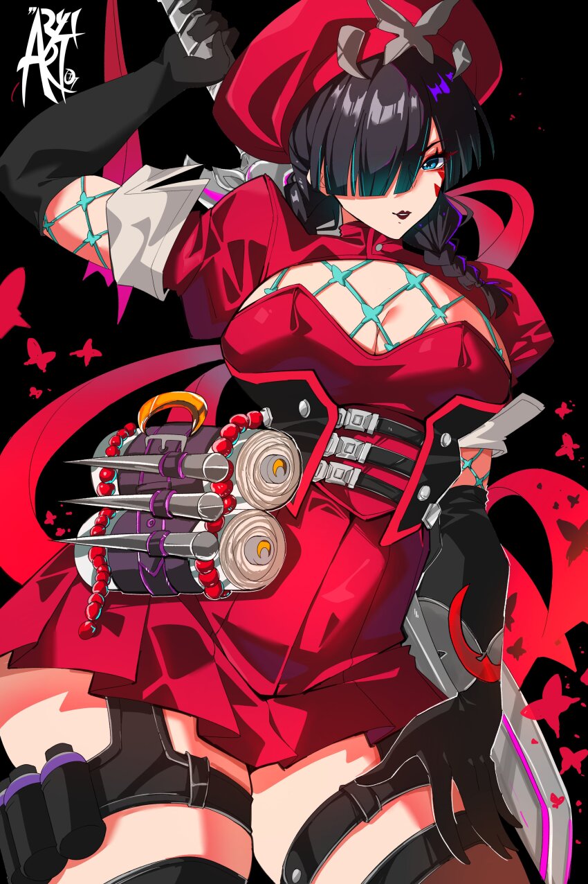 1girl absurdres aryi077 black_gloves black_hair blue_eyes braid breasts bug butterfly dress elbow_gloves gloves hair_over_one_eye hat highres insect large_breasts long_hair looking_at_viewer marvel marvel_rivals official_alternate_costume psylocke psylocke_(blood_kariudo) red_dress red_hat short_sleeves skirt smile solo thighhighs twin_braids x-men