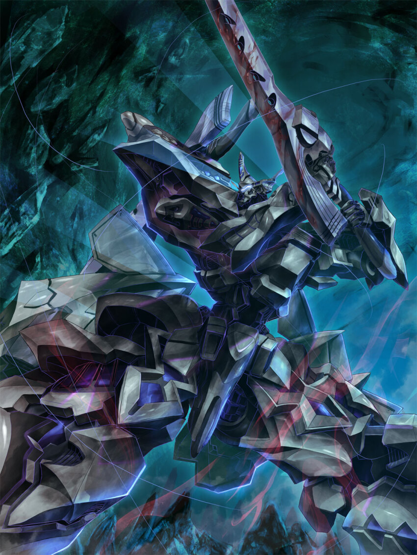 assault_visor cave chinese_commentary commission highres holding holding_sword holding_weapon mecha muv-luv muv-luv_alternative robot science_fiction skeb_commission solo sword tactical_surface_fighter type_00_takemikazuchi uungunover weapon