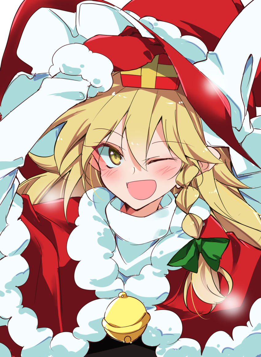 1girl alternate_costume alternate_headwear_color blonde_hair blush bow box braid commentary_request gift gift_box green_bow hair_bow hat hat_bow highres holding holding_gift ichimura_kanata kirisame_marisa long_hair looking_at_viewer one_eye_closed open_mouth red_hat santa_costume side_braid single_braid smile solo touhou white_bow witch_hat yellow_eyes