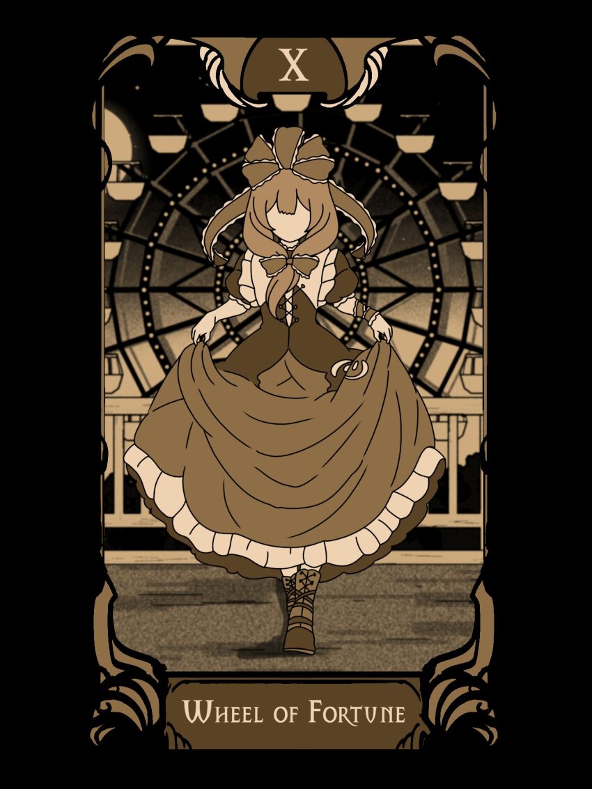1girl boots bow card_(medium) commentary english_commentary front_ponytail full_body hair_bow hair_ribbon highres kagiyama_hina kwszh monochrome ribbon solo tarot tarot_(medium) touhou wheel_of_fortune_(tarot)