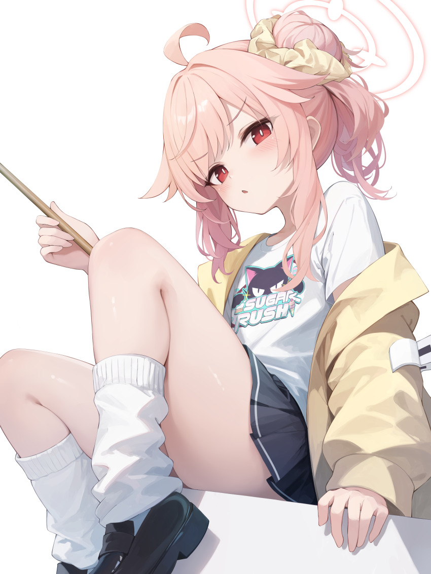 1girl absurdres ahoge black_skirt blue_archive bright_pupils drumsticks halo highres holding holding_drumsticks jacket long_hair long_sleeves looking_at_viewer loose_socks miniskirt natsu_(band)_(blue_archive) natsu_(blue_archive) official_alternate_costume open_clothes open_jacket pink_hair pink_halo pleated_skirt red_eyes shirt skirt socks tateishi_kureha white_pupils white_shirt white_socks yellow_jacket