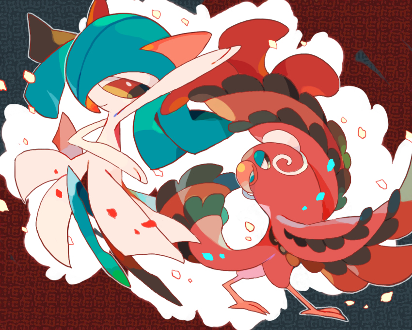 1girl akadako alternate_color arm_up blue_hair blue_skin closed_mouth colored_sclera colored_skin dancing female_focus flat_chest full_body gen_3_pokemon gen_7_pokemon hair_over_one_eye half-closed_eyes happy jumping kirlia looking_at_another looking_to_the_side medium_hair multicolored_skin nintendo one-hour_drawing_challenge one_eye_covered open_mouth oricorio oricorio_(baile) outline outstretched_arm petals pokemon pokemon_(creature) red_eyes shiny_pokemon sidelocks smile two-tone_skin white_eyes white_outline white_skin yellow_sclera