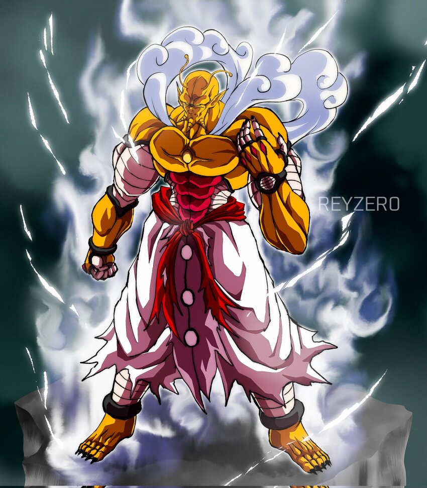 1boy alternate_form antennae artist_name aura barefoot belt black_nails chin_spike clenched_hand cloud cloud_clothes cloudy_sky colored_skin commentary corrupted_twitter_file dragon_ball dragon_ball_super dragon_ball_super_super_hero energy english_commentary fiery_aura fingernails full_body glowing hand_up highres martial_arts_belt muscular muscular_male namekian orange_piccolo orange_skin pants pelvic_curtain piccolo redesign reykovlor sharp_fingernails sharp_toenails sky solo standing_on_rock toenails topless_male torn_belt torn_clothes torn_pants white_pants white_theme yellow_eyes
