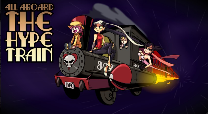 4girls aeon_(skullgirls) alex_ahad_(style) animal animal_on_head bare_shoulders bird bird_on_head black_hair breasts capri_pants chinese_clothes closed_eyes crossed_legs eyeshadow feather_hair_ornament feathers feng_(skullgirls) flats glasses hair_ornament hat hood locomotive long_hair makeup medium_breasts multicolored_hair multiple_girls on_head pants parody pink_hair raincoat red_eyes rocket scarf short_hair siblings sisters sitting skullgirls steam_locomotive style_parody train twintails two-tone_hair umbrella_(skullgirls) vambraces venus_(skullgirls) white_hair zone_(artist)