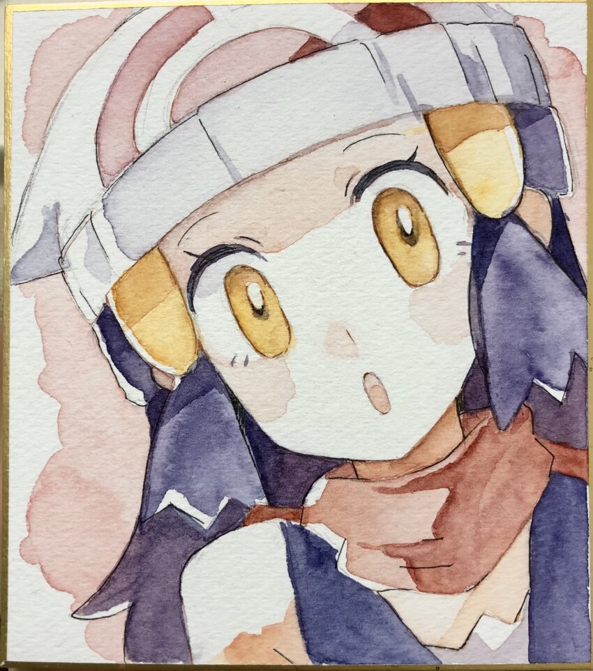 1girl :o beanie blue_hair dark_blue_hair dawn_(pokemon) hair_ornament half_updo hat highres long_hair looking_at_viewer nintendo open_mouth painting_(medium) pokemon pokemon_dppt red_scarf scarf shichibee_(stm_mimi) solo traditional_media upper_body watercolor_(medium) white_hat yellow_eyes