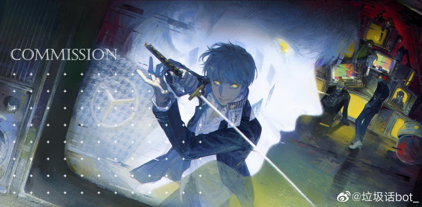 3boys 4girls absurdres amagi_yukiko black_jacket card commission creamyghost crt glitch green_jacket grey_hair headphones highres holding holding_sword holding_weapon jacket kujikawa_rise kuma_(persona_4) multiple_boys multiple_girls narukami_yu parted_lips persona persona_4 persona_4:_the_ultimate_in_mayonaka_arena satonaka_chie shadow_chie shadow_kanji shadow_kuma shadow_naoto shadow_rise shadow_yu shadow_yukiko shirogane_naoto shoes sitting skull_print standing sword tatsumi_kanji television test_card weapon white_shoes yellow_eyes