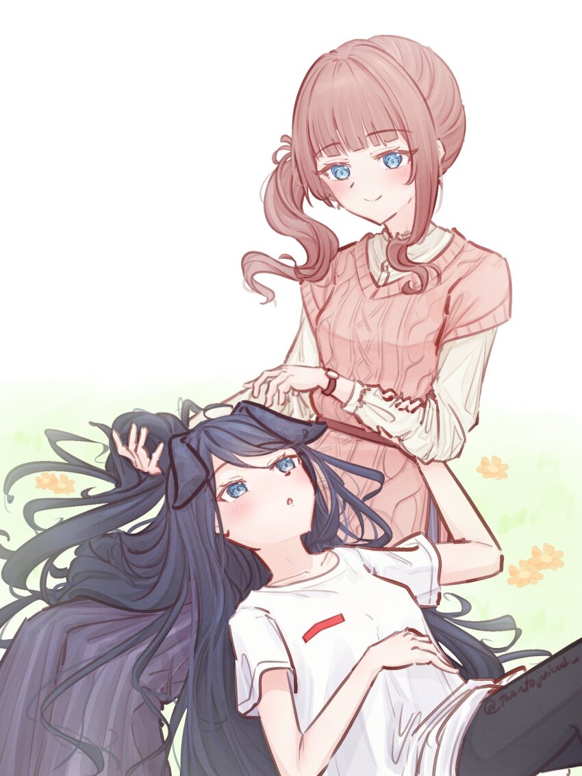 2girls :o animal_ears aran_sweater asymmetrical_sidelocks black_hair black_pants blue_eyes blue_pants blunt_bangs blush breasts brown_hair brown_sweater cable_knit closed_mouth collarbone commentary comradekashoot dog_ears english_commentary flower grabbing_another&#039;s_arm hair_ribbon hair_spread_out highres holding_another&#039;s_hair hoshino_ichika_(project_sekai) kemonomimi_mode lap_pillow long_hair long_sleeves looking_at_another lying medium_breasts mochizuki_honami multiple_girls on_back orange_flower pants parted_lips project_sekai ribbon shirt short_sleeves side_ponytail sidelocks sitting smile sweater swept_bangs t-shirt very_long_hair watch white_shirt wristwatch yuri