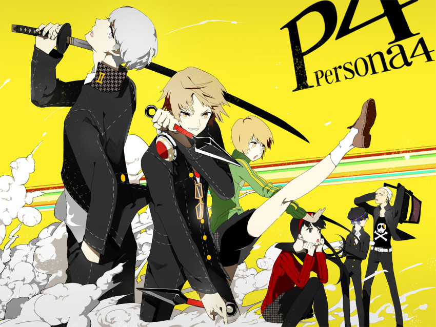 3boys 3girls amagi_yukiko androgynous atlus belt black_eyes black_hair blue_hair brown_eyes brown_hair bullet chair copyright_name crossdressing crossed_arms ear_piercing face_piercing fog folding_chair glasses grey_eyes grey_hair hanamura_yousuke hat jacket kicking knife legs long_hair looking_at_viewer looking_away multiple_boys multiple_girls narukami_yu newsboy_cap nose_piercing open_mouth pants pantyhose persona persona_4 piercing profile reverse_trap sailor satonaka_chie scar school_uniform serori shirogane_naoto shoes short_hair sitting skirt smoke socks standing tatsumi_kanji thighhighs weapon