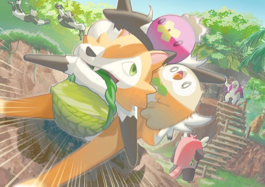 basket bewear commentary_request day drifloon emphasis_lines fang gen_4_pokemon gen_7_pokemon grass green_eyes highres lycanroc mokukitusui mouth_hold nintendo oranguru outdoors pokemon pokemon_(creature) riding riding_pokemon rowlet sky stairs treehouse