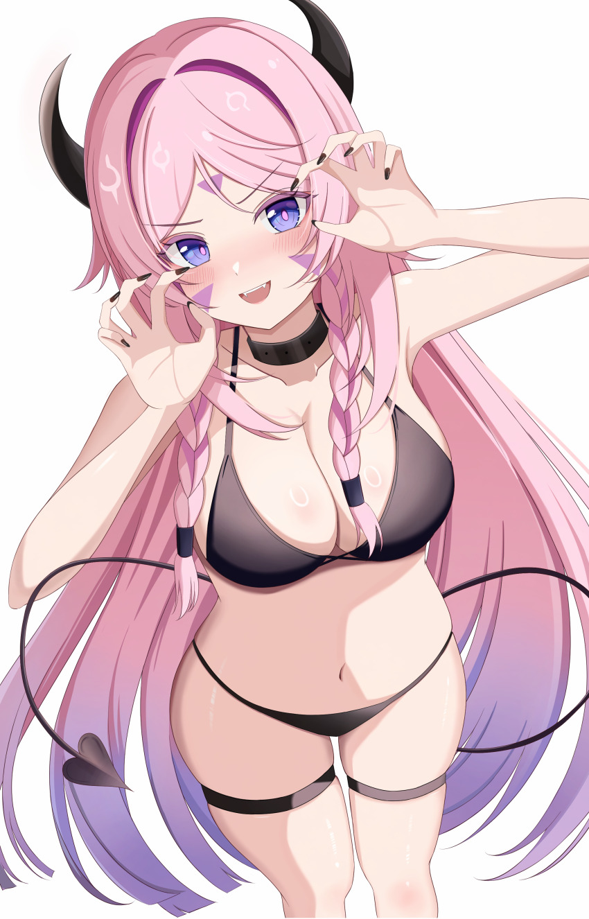 1girl absurdres bare_shoulders bikini black_bikini black_choker black_horns black_nails black_tail blush braid breasts choker citlali_(genshin_impact) claw_pose cleavage collarbone demon_girl demon_horns demon_wings facial_mark fingernails forehead_mark genshin_impact halloween highres horns large_breasts lilack_gg long_hair looking_at_viewer nail_polish navel open_mouth pink_hair pink_pupils purple_eyes simple_background smile solo stomach swimsuit thighs triangle triangle_facial_mark white_background wings