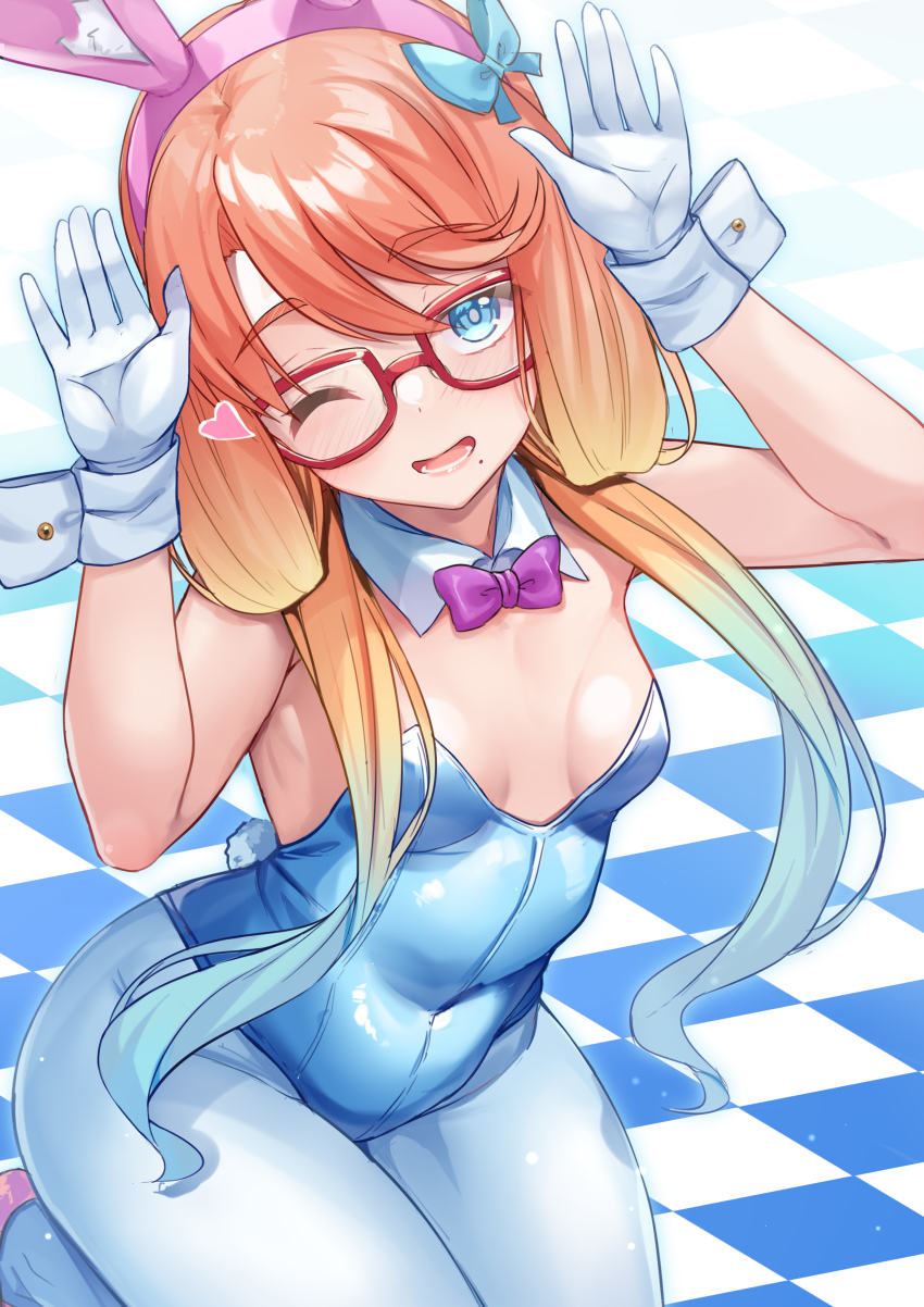 1girl absurdres animal_ears blue_eyes blue_leotard blue_pantyhose bow bowtie breasts checkered_floor commentary_request detached_collar glasses gloves gradient_hair haruno_sora highres kneeling leotard long_hair looking_at_viewer low_twintails multicolored_hair one_eye_closed orange_hair pantyhose pink_bow pink_bowtie playboy_bunny rabbit_ears rabbit_pose red-framed_eyewear small_breasts solo strapless strapless_leotard tenneko_yuuri twintails voiceroid white_gloves wrist_cuffs