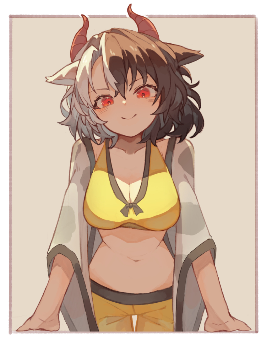 1girl animal_ears animal_print black_hair breasts cleavage cow_ears cow_horns cow_print facing_viewer haori highres hinataku1222 horns japanese_clothes knees_out_of_frame large_breasts leaning_forward looking_at_viewer midriff multicolored_hair red_eyes red_horns shadow short_hair smile solo split-color_hair touhou two-tone_hair ushizaki_urumi wide_sleeves