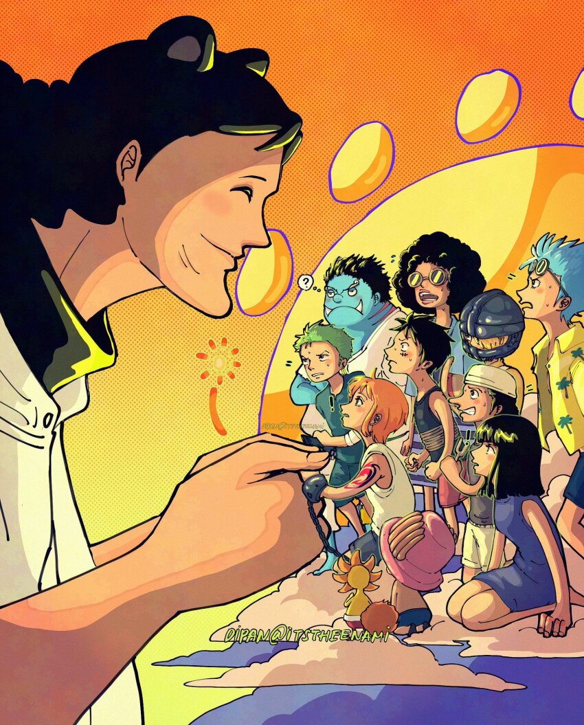 2girls 6+boys ^_^ afro aged_down animal_ears arm_tattoo bartholomew_kuma bear_ears black_hair blonde_hair blue_hair blue_skin blunt_bangs brook_(one_piece) child closed_eyes colored_skin commentary dress franky_(one_piece) green_hair hat highres itstheenami jinbe_(one_piece) long_nose looking_at_another monkey_d._luffy multiple_boys multiple_girls nami_(one_piece) nico_robin one_piece orange_hair pink_hat profile roronoa_zoro sanji_(one_piece) size_difference sleeveless sleeveless_dress straw_hat_pirates tattoo thousand_sunny tony_tony_chopper usopp