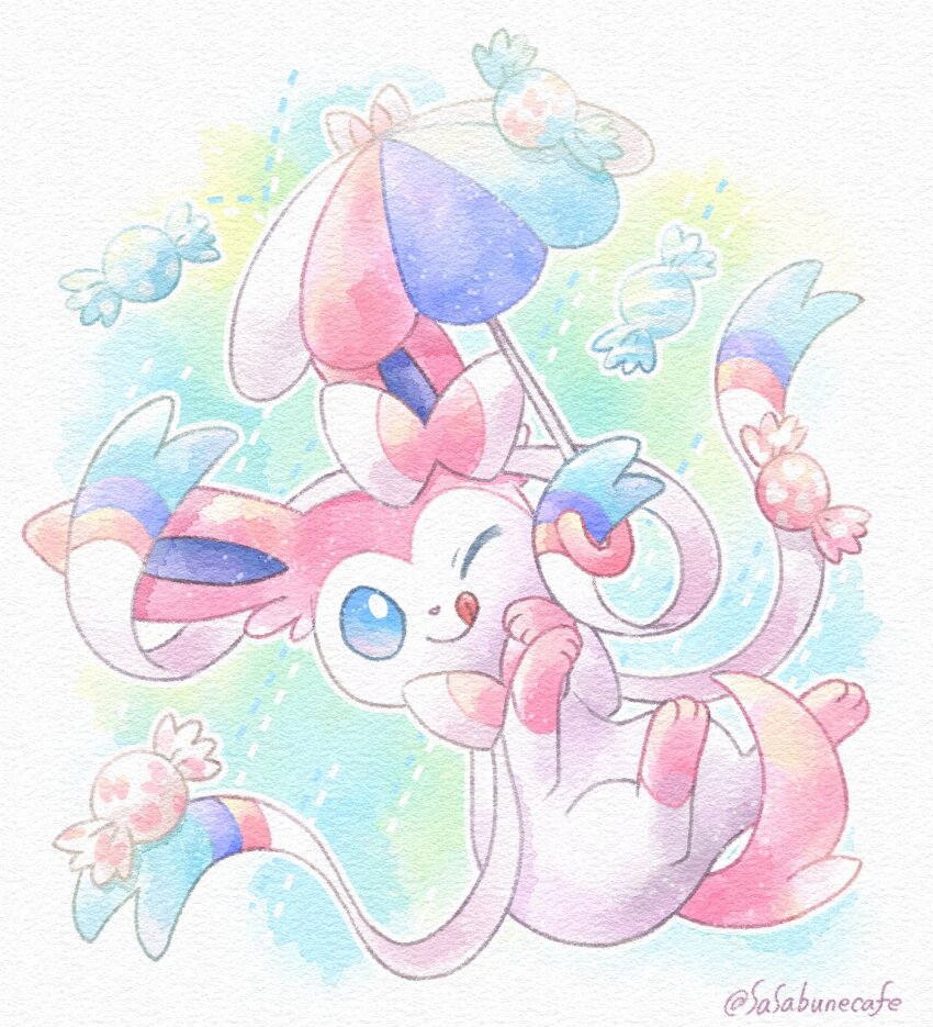 animal_focus blue_eyes bow candy_wrapper commentary_request gen_6_pokemon highres nintendo no_humans one_eye_closed pokemon pokemon_(creature) sasabunecafe smile sylveon tongue tongue_out traditional_media twitter_username