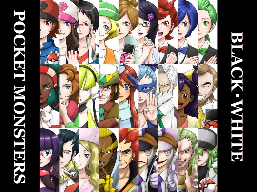 10s 6+boys 6+girls alder_(pokemon) aurea_juniper bad_id bad_pixiv_id beard bianca_(pokemon) blonde_hair blue_eyes bow bowtie brycen_(pokemon) burgh_(pokemon) caitlin_(pokemon) card cedric_juniper cheren_(pokemon) chili_(pokemon) cilan_(pokemon) clay_(pokemon) copyright_name cowboy cowboy_hat cowboy_western cress_(pokemon) dicembre04 drayden_(pokemon) elesa_(pokemon) elite_four emmet_(pokemon) english_text everyone facial_hair fennel_(pokemon) fingerless_gloves fingernails flower ghetsis_(pokemon) glasses gloves green_hair grey_eyes grimsley_(pokemon) grin gym_leader hair_flower hair_ornament hairband hairclip hat highres hilbert_(pokemon) hilda_(pokemon) holding holding_card holding_poke_ball ingo_(pokemon) iris_(pokemon) lenora_(pokemon) looking_at_viewer marshal_(pokemon) mask multiple_boys multiple_girls n_(pokemon) nintendo peaked_cap pen pointing poke_ball poke_ball_theme pokedex pokemon pokemon_bw red_eyes red_hair shauntal_(pokemon) skyla_(pokemon) smile team_plasma traditional_bowtie triplets western
