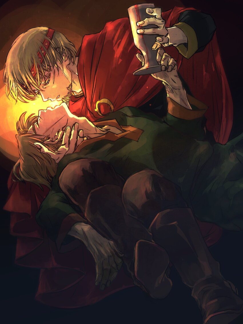 2boys adam&#039;s_apple alcohol beard blonde_hair blue_eyes boots canute chalice cloak closed_eyes cup eyelashes face-to-face facial_hair facial_scar hand_on_another&#039;s_head headband highres holding holding_cup king looking_at_another lying_on_lap lying_on_person male_focus multiple_boys parted_lips scar scar_on_cheek scar_on_face short_hair spring_deers thorfinn tunic viking vinland_saga wine yaoi