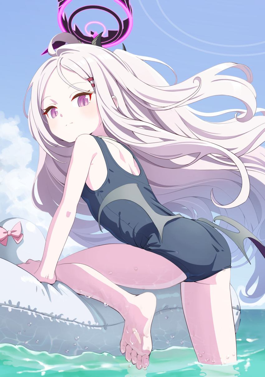 ahoge ass black_halo blue_archive day demon_girl demon_horns demon_wings halo highres hina_(blue_archive) hina_(swimsuit)_(blue_archive) horns long_hair low_wings ocean old_school_swimsuit outdoors purple_eyes school_swimsuit shrimp1634 swimsuit very_long_hair white_hair wings