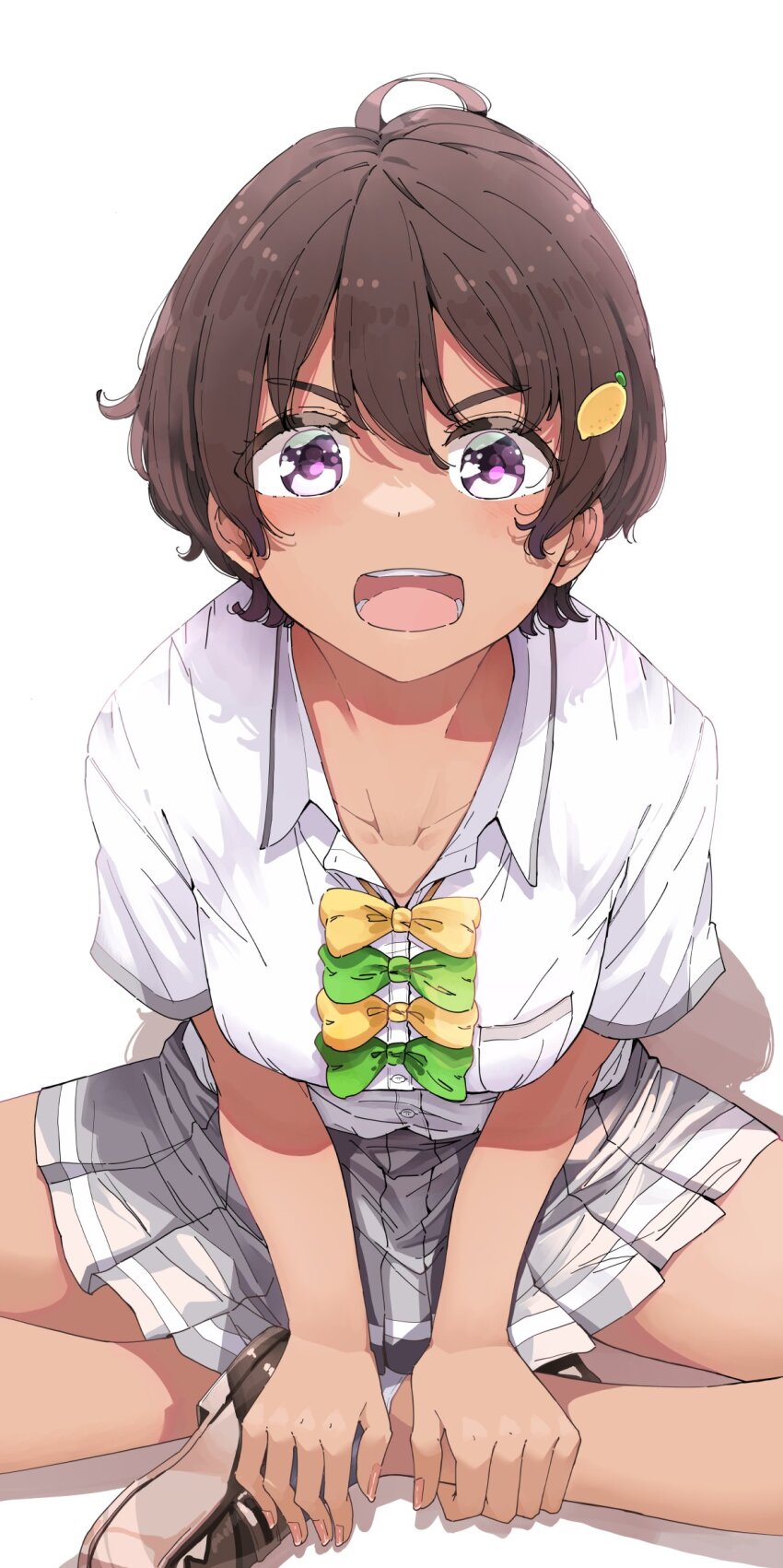 1girl :d ahoge ankle_socks bare_legs blush bow bowtie breast_pocket breasts brown_hair brown_shoes collarbone collared_shirt commentary dress_shirt food-themed_hair_ornament green_bow green_bowtie hair_ornament hand_on_own_ankle highres indian_style lemon_hair_ornament loafers looking_at_viewer make_heroine_ga_oo_sugiru! nyoijizai open_mouth pleated_skirt pocket purple_eyes school_uniform shirt shoes short_hair short_sleeves simple_background sitting skirt smile socks solo tan teeth tomboy white_background white_shirt yakishio_lemon yellow_bow