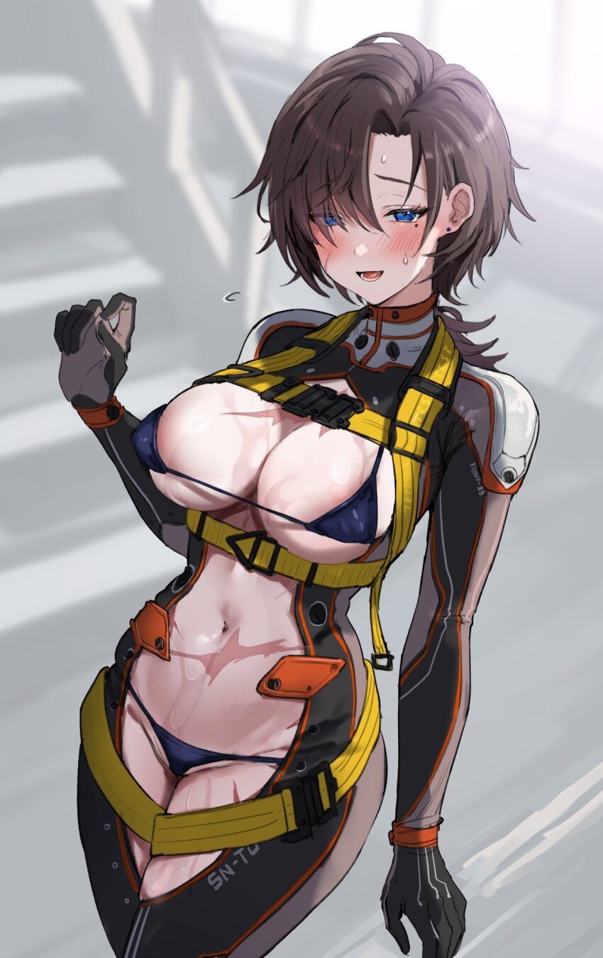 1girl areola_slip armored_core armored_core_vi:_fires_of_rubicon asymmetrical_bangs bikini black_bikini black_bodysuit blue_eyes blurry blurry_background blush bodysuit breasts brown_hair center_opening commentary_request earrings genderswap genderswap_(mtf) hand_up harness highres hominamia jewelry large_breasts long_hair looking_at_viewer low_ponytail micro_bikini mole mole_under_eye multicolored_bodysuit navel open_mouth ponytail scar scar_on_chest scar_on_face scar_on_stomach solo stairs stud_earrings sweat swimsuit v.iv_rusty