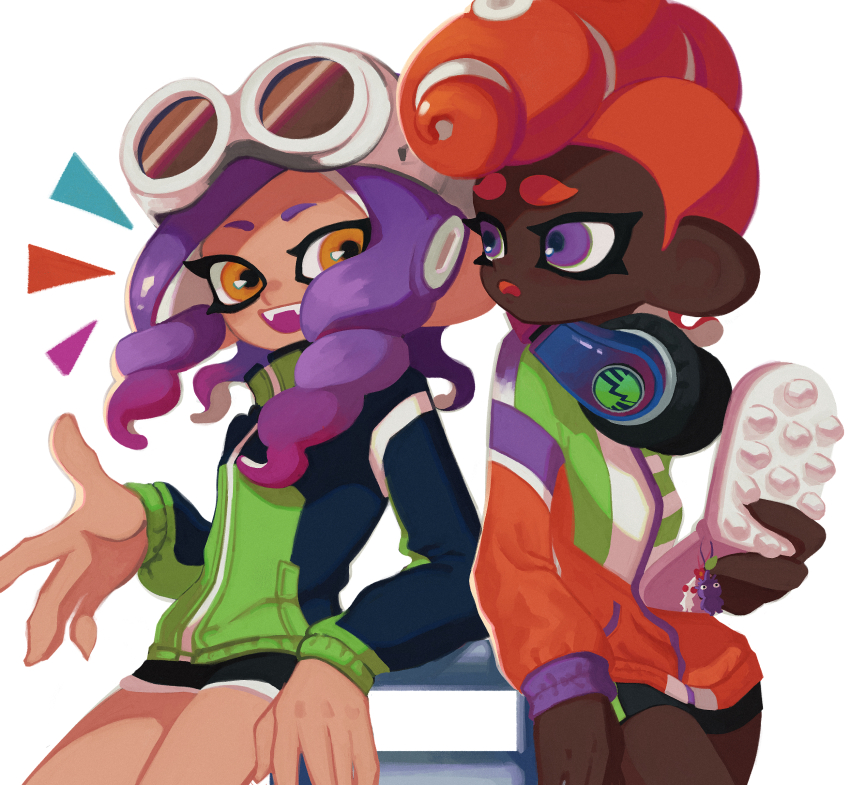 2girls absurdres androgynous bike_shorts black_shorts cellphone cellphone_charm charm_(object) colored_tongue commentary_request dark-skinned_female dark_skin dolphin_shorts drill_hair fangs flip_phone furrowed_brow goggles goggles_on_head green_jacket headphones headphones_around_neck highres holding holding_phone jacket ka1_(k4k37) long_hair long_sleeves looking_at_another multicolored_jacket multiple_girls nintendo notice_lines octoling octoling_girl octoling_player_character open_mouth orange_eyes orange_hair phone pikmin_(creature) pikmin_(series) pompadour purple_eyes purple_hair purple_pikmin purple_tongue short_hair shorts simple_background smile splatoon_(series) splatoon_3 suction_cups tentacle_hair thick_eyebrows white-framed_eyewear white_background white_pikmin