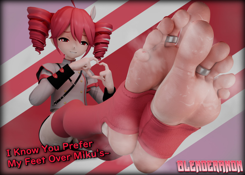 1girl 3d ahoge barefoot blenderanon blush drill_hair feet foot_focus highres jacket jewelry kasane_teto kasane_teto_(sv) open_mouth red_eyes red_hair simple_background smell smile solo solo_focus stirrup_footwear stirrup_legwear synthesizer_v toe_ring toeless_legwear twin_drills utau