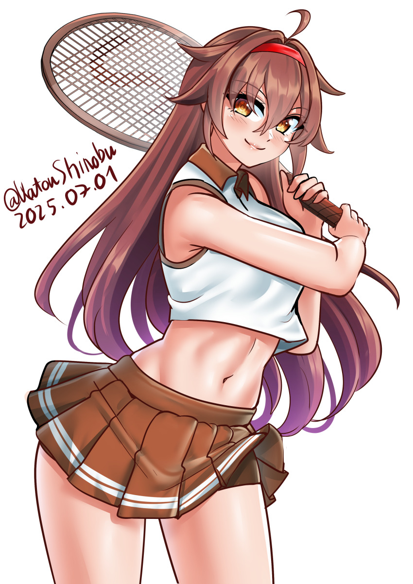 1girl absurdres ahoge alternate_costume breasts brown_eyes brown_hair brown_skirt commentary cowboy_shot crop_top dated hair_flaps hairband highres holding holding_racket holding_tennis_racket kantai_collection katou_shinobu long_hair looking_at_viewer one-hour_drawing_challenge racket red_hairband shiratsuyu_(kancolle) shirt shorts shorts_under_skirt simple_background skirt sleeveless sleeveless_shirt smile solo sportswear tennis tennis_racket tennis_skirt tennis_uniform twitter_username two-tone_shirt white_background white_shirt