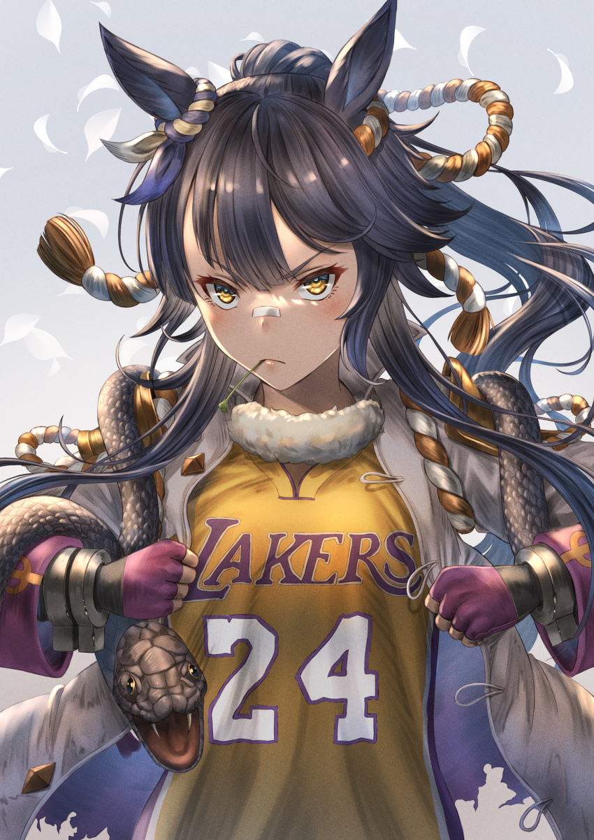 1girl animal animal_ears animal_on_shoulder bandaid bandaid_on_face bandaid_on_nose basketball_uniform black_hair breasts closed_mouth coat commentary_request cosplay ear_ornament fingerless_gloves gloves grey_background hair_between_eyes highres horse_ears horse_girl kobe_bryant kobe_bryant_(cosplay) long_hair long_sleeves looking_at_viewer los_angeles_lakers mouth_hold name_connection narita_brian_(umamusume) national_basketball_association numbered open_clothes open_coat pink_gloves ponytail rope serious shimenawa shirt sidelocks small_breasts snake solo sportswear stalk_in_mouth standing torn_clothes torn_coat umamusume upper_body white_coat yakkuro yellow_eyes