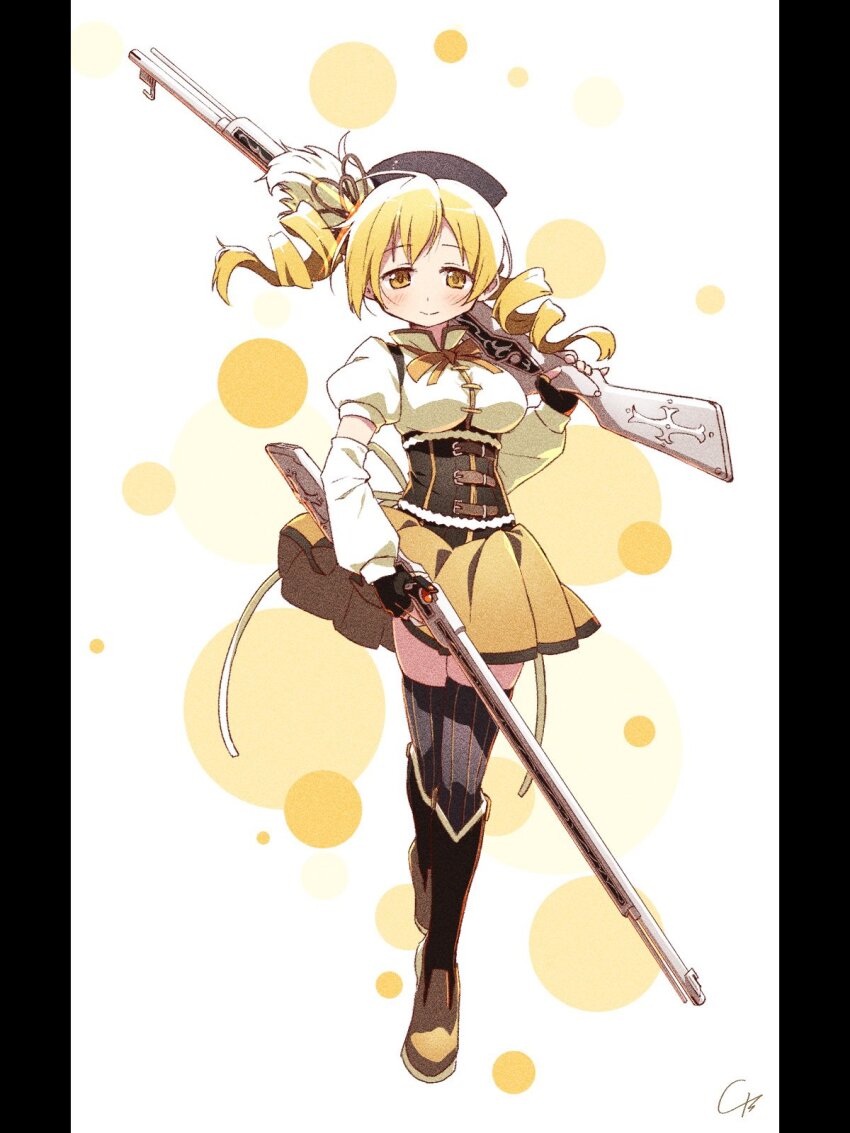 4b-enpitsu beret black_gloves blonde_hair brown_corset collared_shirt corset detached_sleeves drill_hair fingerless_gloves gloves hat highres looking_at_viewer magical_girl mahou_shoujo_madoka_magica miniskirt shirt skirt tomoe_mami tomoe_mami_(magical_girl) twin_drills white_shirt yellow_skirt
