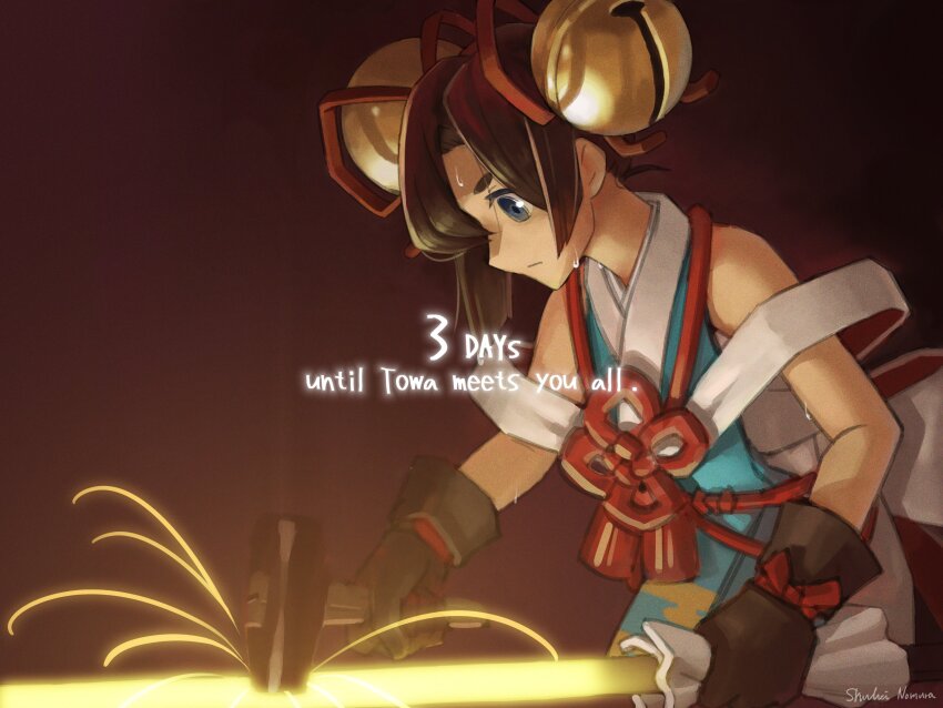 1girl absurdres artist_name back_bow bandai_namco bare_arms bare_shoulders bell black_sleeves blacksmith blue_eyes blunt_sidelocks bow commentary_request countdown_illustration english_text expressionless flower_knot hair_bell hair_ornament hair_ribbon highres holding holding_mallet holding_rod impasto jingle_bell juban large_bow looking_at_object mallet nomura_shuhei official_alternate_costume official_art profile red_background red_ribbon ribbon rod second-party_source short_eyebrows short_hair sidelocks signature simple_background single_hair_intake solo sweat sweatdrop thick_eyebrows towa_(towa_and_the_guardians_of_the_sacred_tree) towa_and_the_guardians_of_the_sacred_tree two-sided_bow working