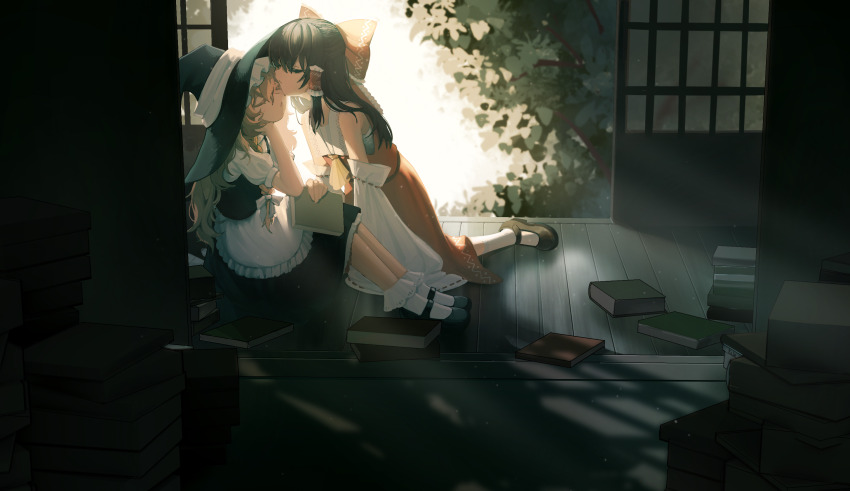 abi_(kabe) apron architecture black_hair black_hat black_shoes black_skirt black_vest blonde_hair bobby_socks book book_stack bow detached_sleeves east_asian_architecture frilled_apron frills hair_bow hair_tubes hakurei_reimu hat highres holding holding_book kirisame_marisa kneeling long_hair long_sleeves mary_janes red_bow red_skirt shoes short_sleeves sitting skirt sliding_doors socks summer touhou vest waist_apron white_apron white_sleeves white_socks wide_sleeves witch_hat yuri