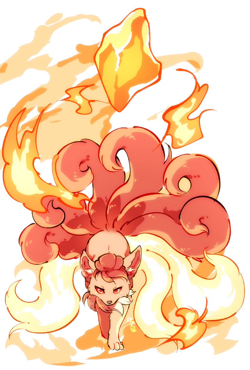 animal_focus evolution evolution_stone evolutionary_stone fire fire_stone fox game_freak gen_1_pokemon highres kitsune ninetales nintendo ohayou_milk orange_eyes orange_hair pokemon pokemon_(creature) red_eyes simple_background solo transformation vulpix walking white_background