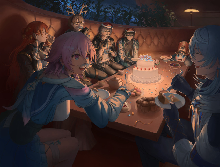 2025 2girls 4boys absurdres blue_eyes blue_hair breasts brown_hair cake candle character_request cleavage closed_eyes confetti cup dan_heng_(honkai:_star_rail) denim dress earrings eating expressionless fake_antlers fake_facial_hair fake_mustache food fork fruit glasses gloves gradient_eyes grey_hair hair_ornament happy_new_year hat highres himeko_(honkai:_star_rail) holding holding_fork holster honkai:_star_rail honkai_(series) hood hoodie indoors jeans jewelry lamp long_hair long_sleeves macaron march_7th_(honkai:_star_rail) medium_breasts medium_hair muffin multicolored_eyes multiple_boys multiple_girls murata_himeko new_year open_mouth orange_hair pants party pink_hair plant pom-pom_(honkai:_star_rail) santa_hat shadow short_hair sitting strawberry tea teacup teapot thigh_strap twckb very_long_hair welt_yang