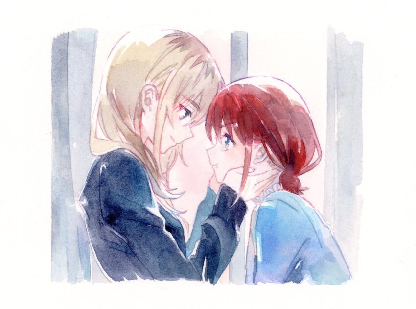 2girls black_sweater blue_eyes blue_shirt closed_mouth commentary girls_band_cry grey_hair hands_on_another&#039;s_face iseri_nina kawaragi_momoka long_hair long_sleeves multicolored_hair multiple_girls popipopopo0000 pout red_hair roots_(hair) shirt short_twintails smile sweater symbol-only_commentary tears twintails upper_body yuri