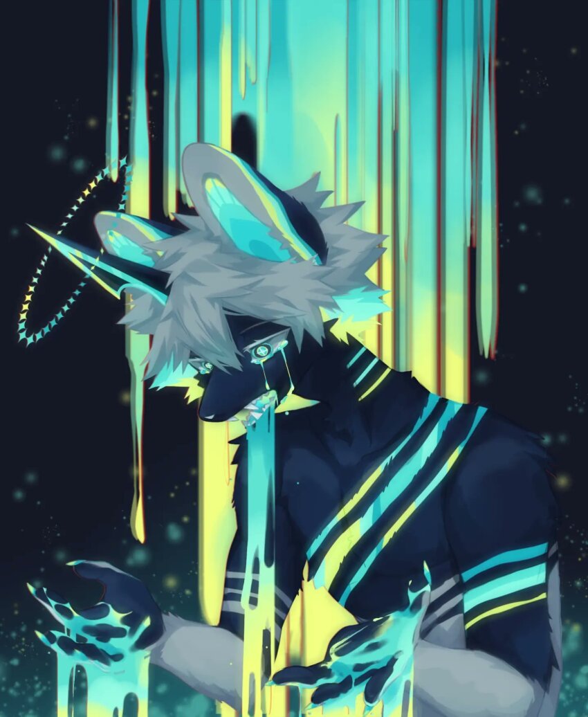 1other alternate_body_fluid androgynous animal_ears blood commentary english_commentary furry glowing glowing_eyes green_blood green_eyes halo highres horns looking_down neku_boo nude original other_focus sharp_teeth short_hair single_horn snout solo teeth upper_body white_hair