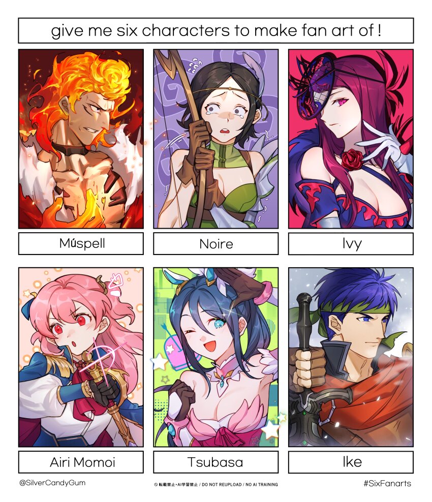 2boys 4girls :o ;d absurdres armpits ascot bare_shoulders black_eyes black_hair blue_eyes blue_hair bow_(weapon) breasts brown_gloves cape character_name cleavage closed_mouth fascinator feather_hair_ornament feathers fiery_hair fingerless_gloves fire fire_emblem fire_emblem:_path_of_radiance fire_emblem_awakening fire_emblem_engage fire_emblem_heroes flaming_hand gloves green_headband hair_between_eyes hair_ornament headband highres holding holding_bow_(weapon) holding_sword holding_weapon ike_(fire_emblem) ivy_(fire_emblem) large_breasts long_hair long_sleeves momoi_airi multiple_boys multiple_drawing_challenge multiple_girls muspell_(fire_emblem) nintendo noire_(fire_emblem) one_eye_closed open_mouth oribe_tsubasa pink_eyes pink_hair project_sekai purple_eyes purple_hair red_ascot relax_teatime_(project_sekai) short_hair silvercandy_gum six_fanarts_challenge smile sword tears tokyo_mirage_sessions_fe twitter_username weapon white_gloves