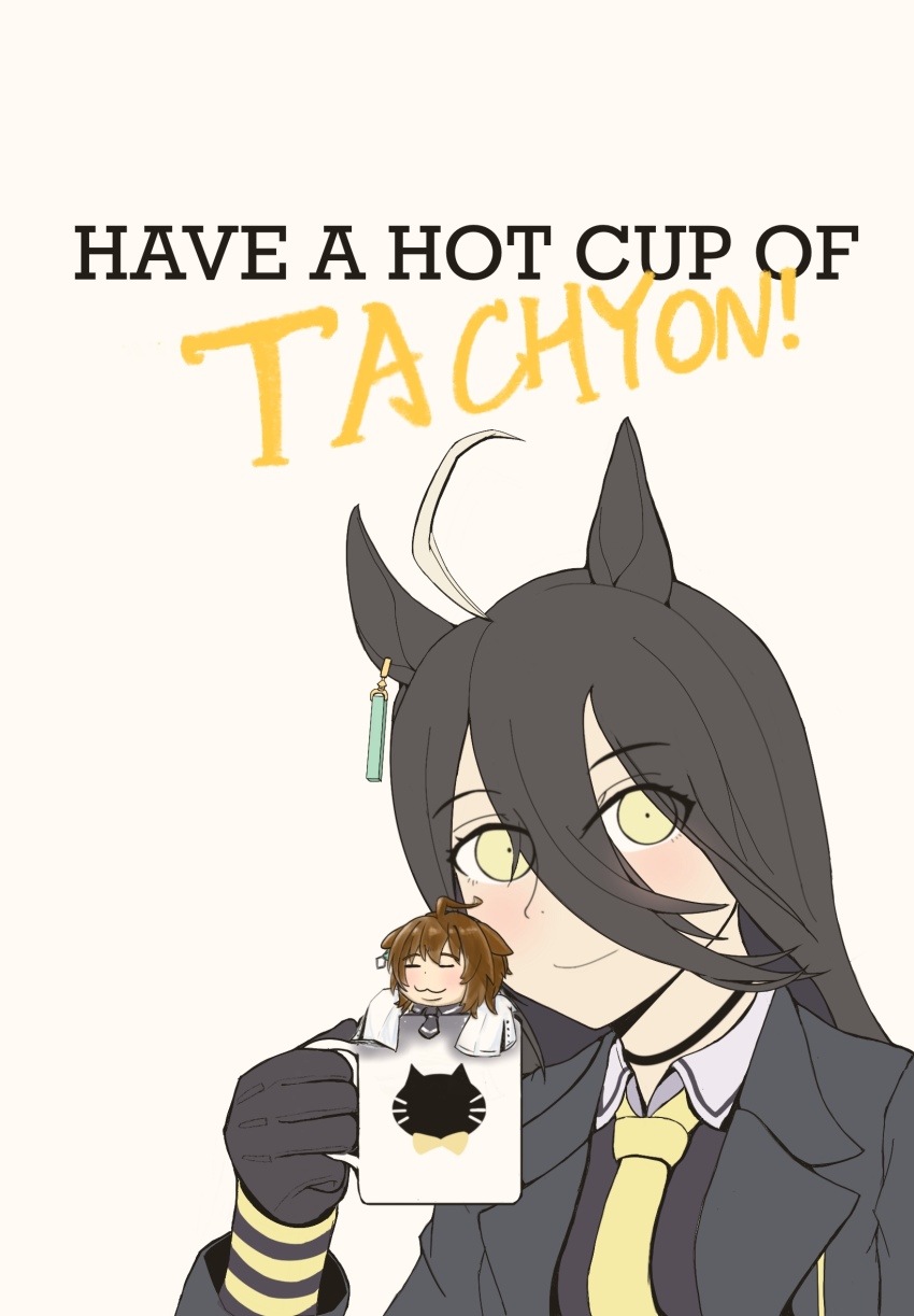 2girls :3 agnes_tachyon_(umamusume) ahoge black_choker black_coat black_gloves black_hair black_necktie black_shirt brown_hair character_name choker closed_eyes closed_mouth coat collared_shirt cup ear_tag earrings gloves grey_hair hair_between_eyes hand_up highres historical_name_connection holding holding_cup jewelry lab_coat long_hair long_hair_between_eyes manhattan_cafe_(umamusume) mini_person minigirl mug multicolored_hair multiple_girls mwkao name_connection necktie propaganda shirt short_necktie simple_background single_earring sleeves_past_fingers sleeves_past_wrists smile umamusume white_background world_war_ii yellow_eyes yellow_necktie