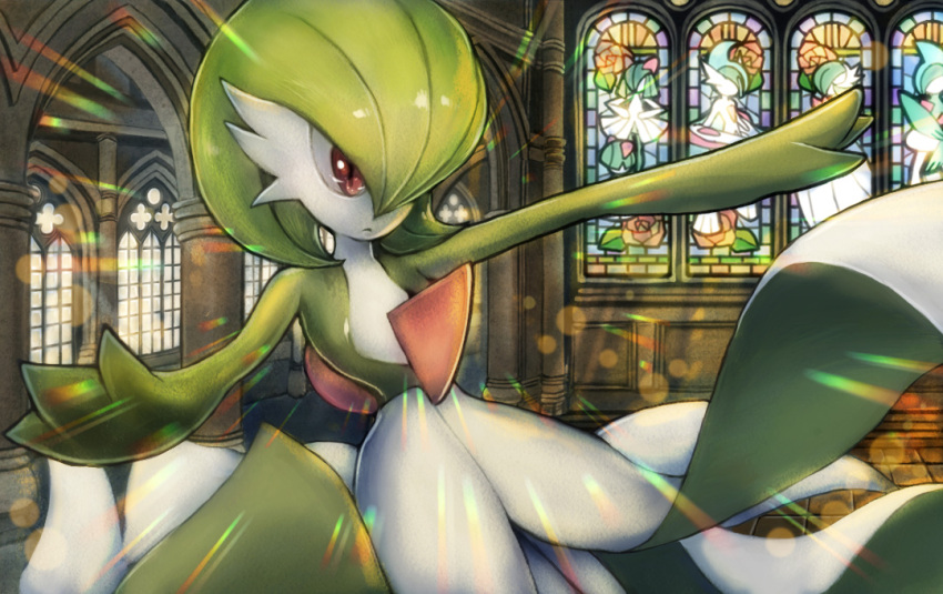 bob_cut cathedral colored_skin dress gallade gardevoir gen_3_pokemon gen_4_pokemon green_hair green_skin hair_over_one_eye kirlia mega_gallade mega_gardevoir mega_pokemon momomo12 multicolored_skin nintendo outstretched_arms pink_eyes pokemon pokemon_(creature) ralts stained_glass two-tone_skin white_dress white_skin