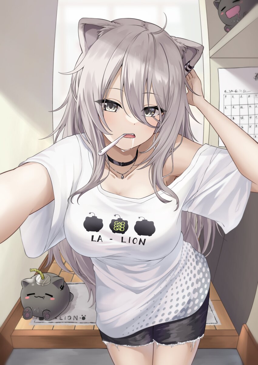 1girl 1other absurdres animal_ear_piercing animal_ears black_shorts breasts calendar_(object) cat_ears cleavage commentary_request fisheye foreshortening grey_eyes grey_hair hand_up highres hololive indoors large_breasts long_hair open_mouth saliva shelf shirt shishiro_botan shishiro_botan_(casual) shorts sick ssrb_(shishiro_botan) t-shirt thermometer toothbrush toothbrush_in_mouth virtual_youtuber welcome_mat white_shirt yoppy_paint