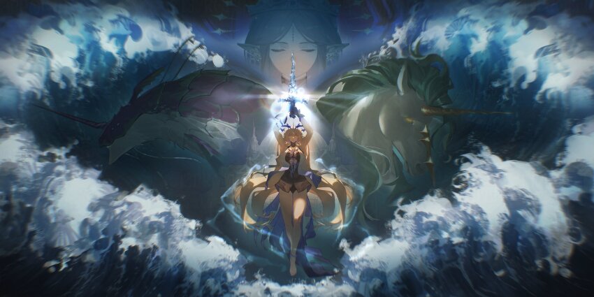 13profen 2girls absurdres armored_gloves armpits arms_up barefoot black_collar black_dress blonde_hair blue_eyes blue_hands breasts cartethyia_(wuthering_waves) closed_eyes closed_mouth collar colored_inner_hair commentary crown_of_thorns dress earrings english_commentary fleurdelys_(wuthering_waves) floating_crown floating_earrings full_body highres holding holding_sword holding_weapon horns imperator_(wuthering_waves) jewelry large_breasts long_hair long_horns looking_at_viewer multicolored_hair multiple_girls pointy_ears single_horn sword tabard tacet_mark_(wuthering_waves) unicorn very_long_hair water waves weapon white_tabard winged_unicorn wuthering_waves yellow_horns