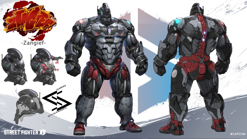 1boy character_name company_name glowing glowing_eyes highres mechanical_spine mohawk multiple_views official_alternate_costume official_art red_eyes reference_sheet robot standing street_fighter street_fighter_6 turnaround zangief
