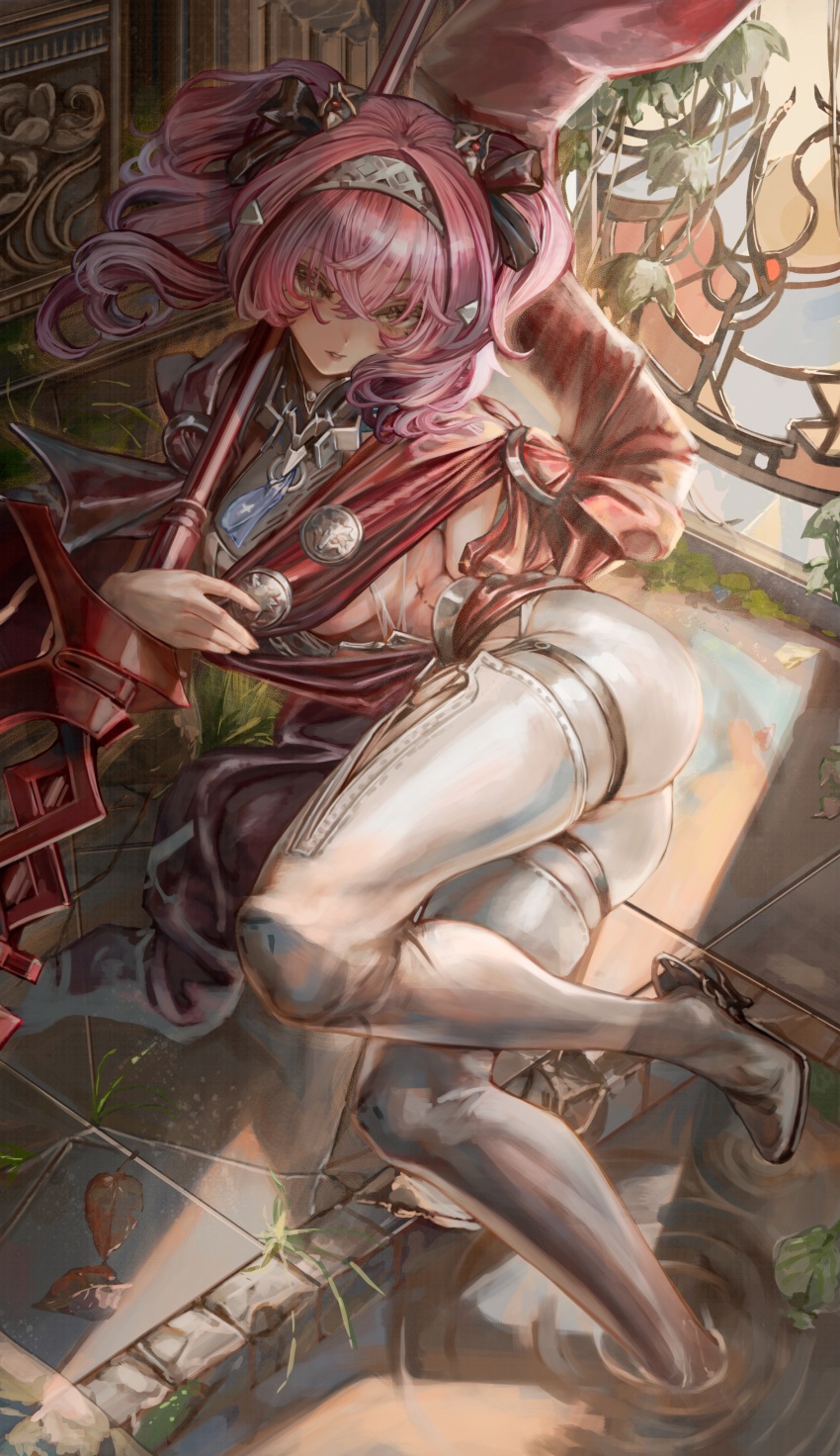 1girl absurdres armor ass black_bow boots bow breastplate breasts collar commentary hair_bow hairband hashtag-only_commentary headgear high_heel_boots high_heels highres large_breasts long_hair looking_at_viewer lupa_(wuthering_waves) lying metal_collar metal_hairband multiple_hair_bows on_side parted_lips pink_hair polearm red_pupils red_sash sash soleil_(soleilmtfbwy03) solo tacet_mark_(wuthering_waves) thigh_boots weapon white_boots wuthering_waves yellow_eyes